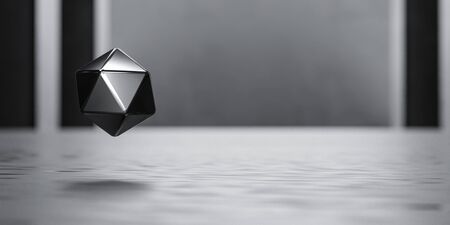 flying icosphere object abstract triangular sphere casting shadow mirror reflection in dark industrial building3d render illustrationの写真素材