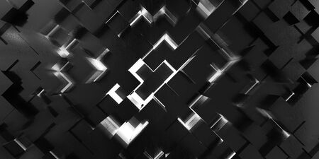abstract flying dark black cubes in front of white background futuristic modern exploding concept with motion blurの写真素材