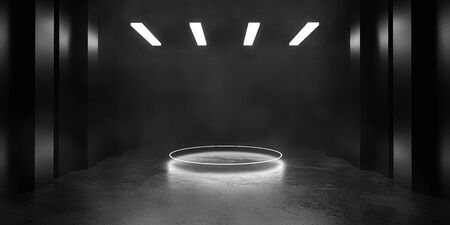 glowing circle with abstract modern futuristic architecture and urban basement hall background with artificial lighting with empty space for your design or product display. Dark tone imageの写真素材