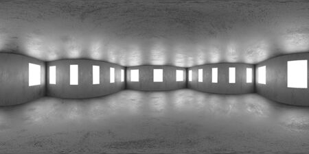 Full 360 degree equirectangular panorama hdri of concrete industrial grunge building interior