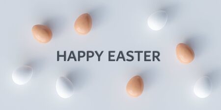 Happy Easter lettering and white and brown eggs decoration on white background