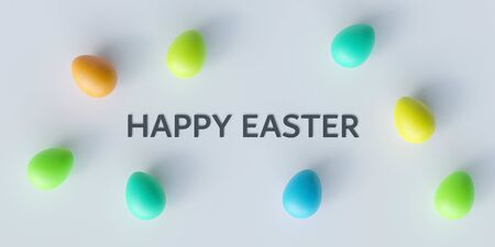 Happy Easter lettering and coloured eggs decoration on white background