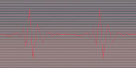 heart beat wave on a medical heart monitor ECG electrocardiogram with red background and heart...