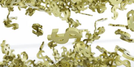 hundreds US Dollar symbols made of gold falling down on white backgroundの写真素材