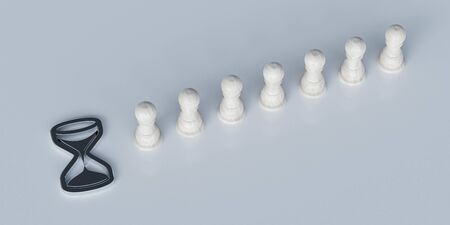 Wooden figures stand in line. queue concept. Wooden figures of people go in line. metal sand clock...