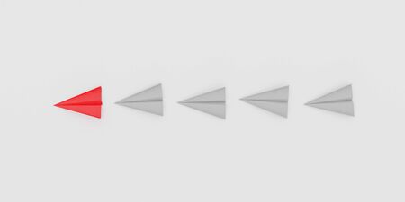 red paper plane leading white ones, leadership concept 3d render illustration