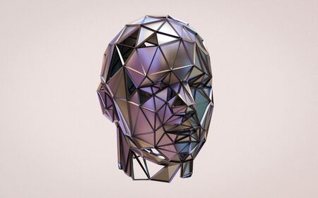 Abstract head meash polygon technology illustration, artificial intelligence ai concept neon lighting dark background futuristicの写真素材