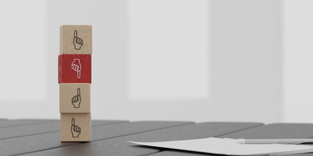 career failure bad decision making concept refusal 3d rendering illustration symbolized by wooden bricks on office backgroundの写真素材