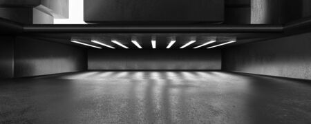 abstract dark modern futuristic city dark concrete building 3d rendering day light technology basement design with artificial blue lightの写真素材