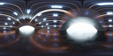 360 full equirectangular panorama dark abstract concrete and soldered metal steel hall futuristic lighting 3d renderingの写真素材