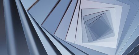Abstract array of cubic geometric shape objects modern futuristic 3d rendering illustration blue lighting from top view, rotating squares cubes with blue metal steelsurfaceの写真素材