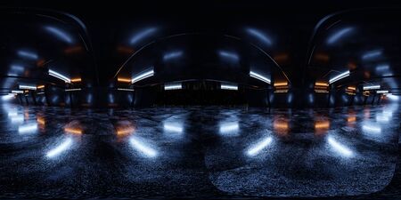 360 full equirectangular panorama black futuristic mirror architecture space ship technology 3d rendering illustrationの写真素材