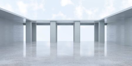 Abstract concrete architecture render exterior with sky and sunlight. Architecture concept. modern futuristic design with open empty space to add your contentの写真素材