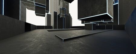 Abstract concrete 3d exterior with futuristic dark concrete city scape with polygonal geometric...