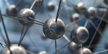 stained iron steel metal ball with abstract network architecture construction background 3d rendering illustrationの写真素材