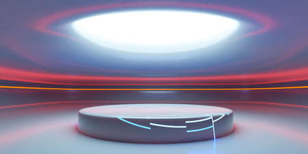 modern futuristic design product stand showcase pedestal blank empty stand with glowing light 3d rendering illustrationの写真素材