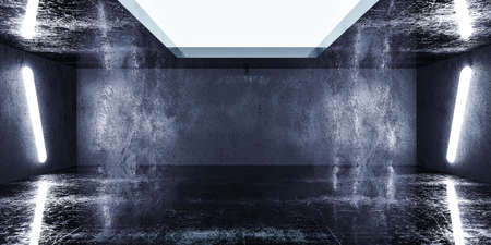 Abstract modern futuristic architecture and concrete urban basement wall background with artificial lighting, 3d render illustrationの写真素材