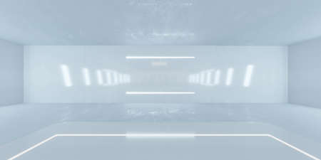 empty white wall in concrete basement with staircase podium and futuristic lights 3d render...