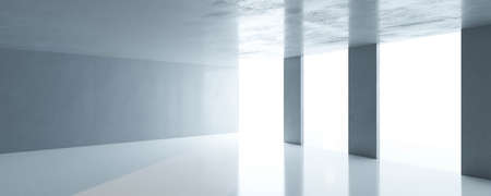 Abstract empty loft style concrete room with big windows and sunlight 3d architecture rendering...