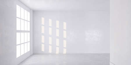 Empty room with concrete floor and diagonal shadows cast from sun light 3d render illustration