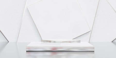 white geometric round podium with gold details 3d render illustrationの写真素材