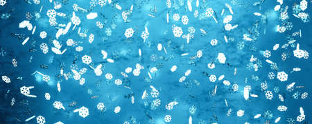 blue background with white snowflakes and blurry lights wallpaper 3d render illustration