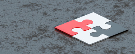 puzzle piece assembly 3d render illustration with metal parts and concrete dark surface 3d render illustrationの写真素材
