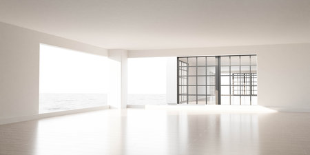 empty white cozy living loft room with bright style laminate wooden floor 3d render illustrationの写真素材