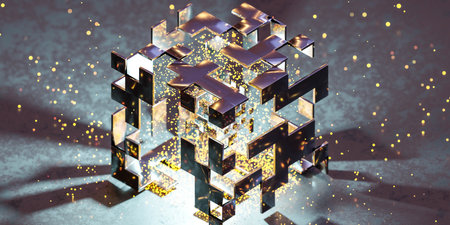 abstract metal steel cube exploding with glowing particles 3d render illustrationの写真素材