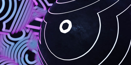 abstract spheres with neon blue and violet coloured light rings casting neon light 3d render...