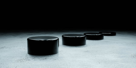 round dark podiums on white concrete surface with reflections 3d render illustration modern designの写真素材
