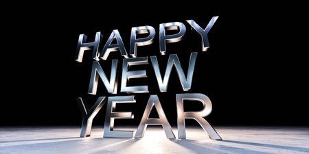 happy new year letters on dark background with metal steel shader and reflections 3d render illustrationの写真素材