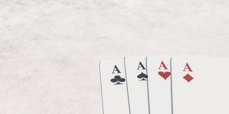 Four aces card game on white concrete surface 3d render illustration with bright day lightingの写真素材