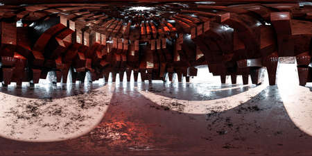 360 degree equi rectangular panorama futuristic building industrial grunge design 3d render...