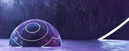 concrete industrial wall 3d render illustration with futuristic cyber punk design and stone sphere with lit neon ringsの写真素材