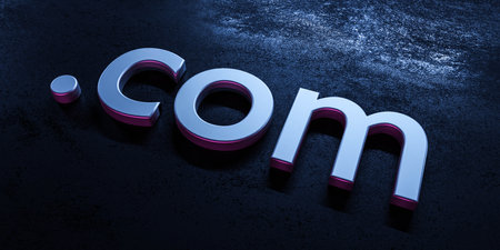 abstract .com letters internet web symbol concept with steel metal surface design and reflections 3d render illustrationの写真素材