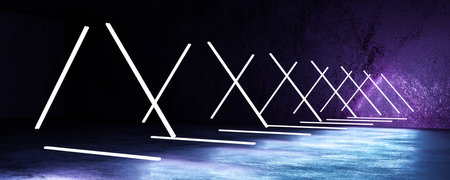 abstract neon lights flying in triangular geometric shape on dark background and concrete floor 3d...