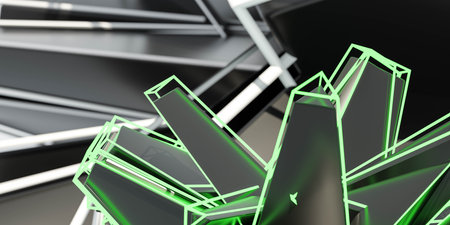 abstract futuristic technology design background with black dark refelction surface and green hologram light 3d render illustrationの写真素材