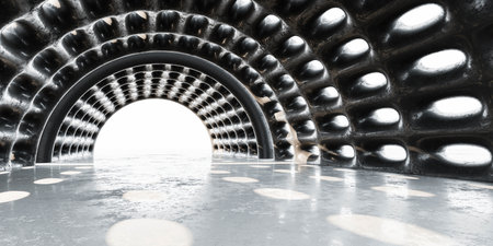 big abstract hangar structure with ceiling made from metal 3d render illustrationの写真素材