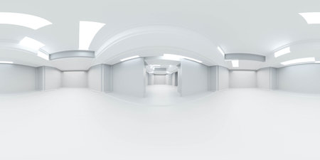 360 degree panorama of white abstract futuristic building interior 3d render illustrationの写真素材