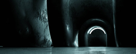 Abstract futuristic building with concrete surface and blue lighting 3d render illustration