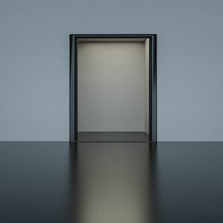 abstract door in dark room with moderate warm low key lighting and corridor modern architecture 3d render illustrationの写真素材