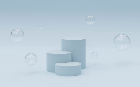 soft blue podiums product presentation showcase 3d render illustrationの写真素材