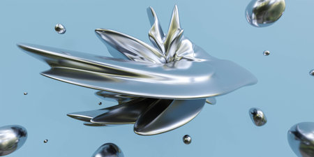 abstract dynamic rotating silver chrome objects macro wide angle 3d render illustrationの写真素材