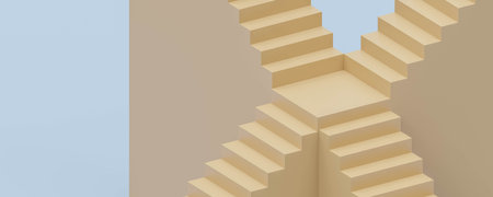 abstract minimalistic ochre stair case on blue background 3d render illustrationの写真素材