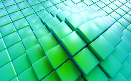 green cubes abstract background with wave shape 3d render illustrationの写真素材