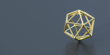 gold coloured geometric shape object on dark background 3d render illustrationの写真素材