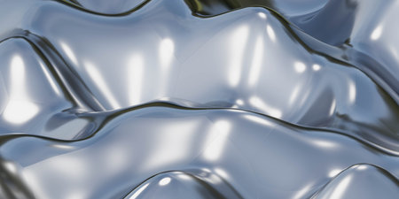 wave shaped blue metallic surface with refelctions chrome steel 3d render illustrationの写真素材