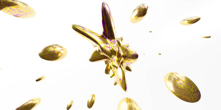 Flying organic colourful yellow shape objects with metallic surface 3d render illustrationの写真素材