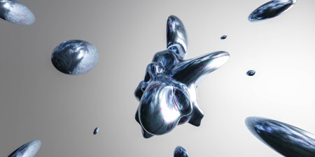 clolourful metallic blue flying geometric organic shape 3d render illustrationの写真素材